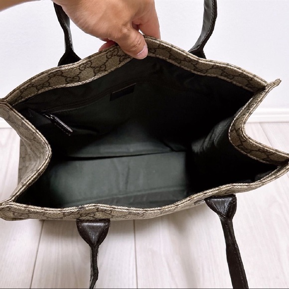 Gucci GG Monogram Canvas Tote Bag Brown Leather Trim Authentic Vintage Shopper - Picture 7 of 16